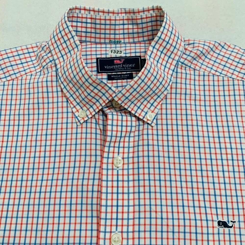 Vineyard Vines Whale Shirt Mens XL Red Blue Check Long Sleeve Button Down Cotton